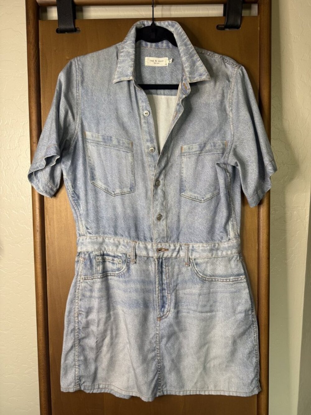 rag & bone Light-Wash Denim Short-Sleeve Shirt Dress Size L